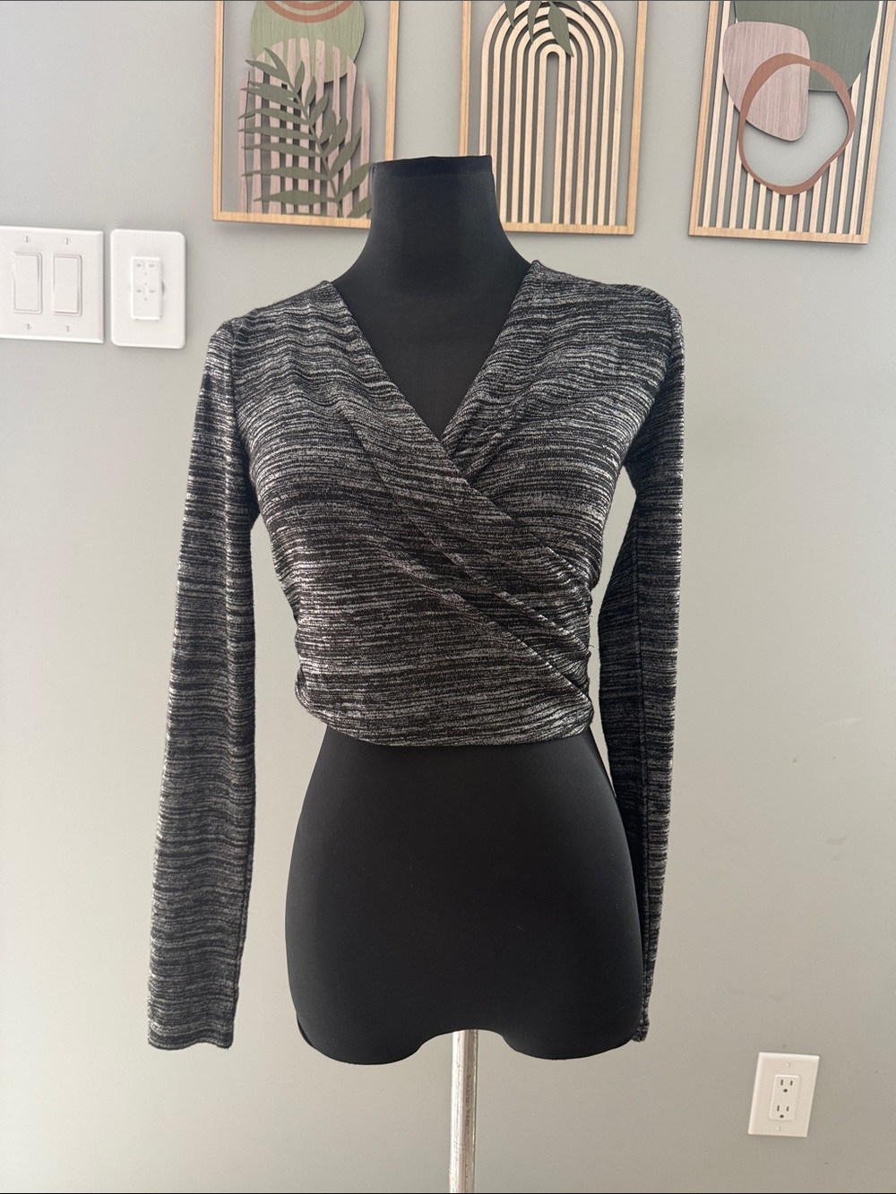 Dynamite Black Heather Wrap-Front Long Sleeve Top